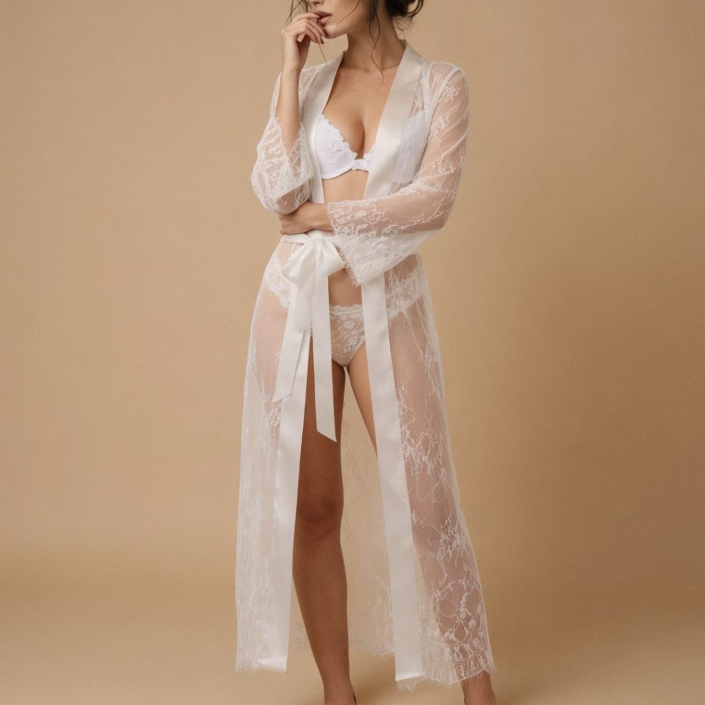 becoming mrs online bridal store Élodie Sheer Lace Bridal Robe Lingerie